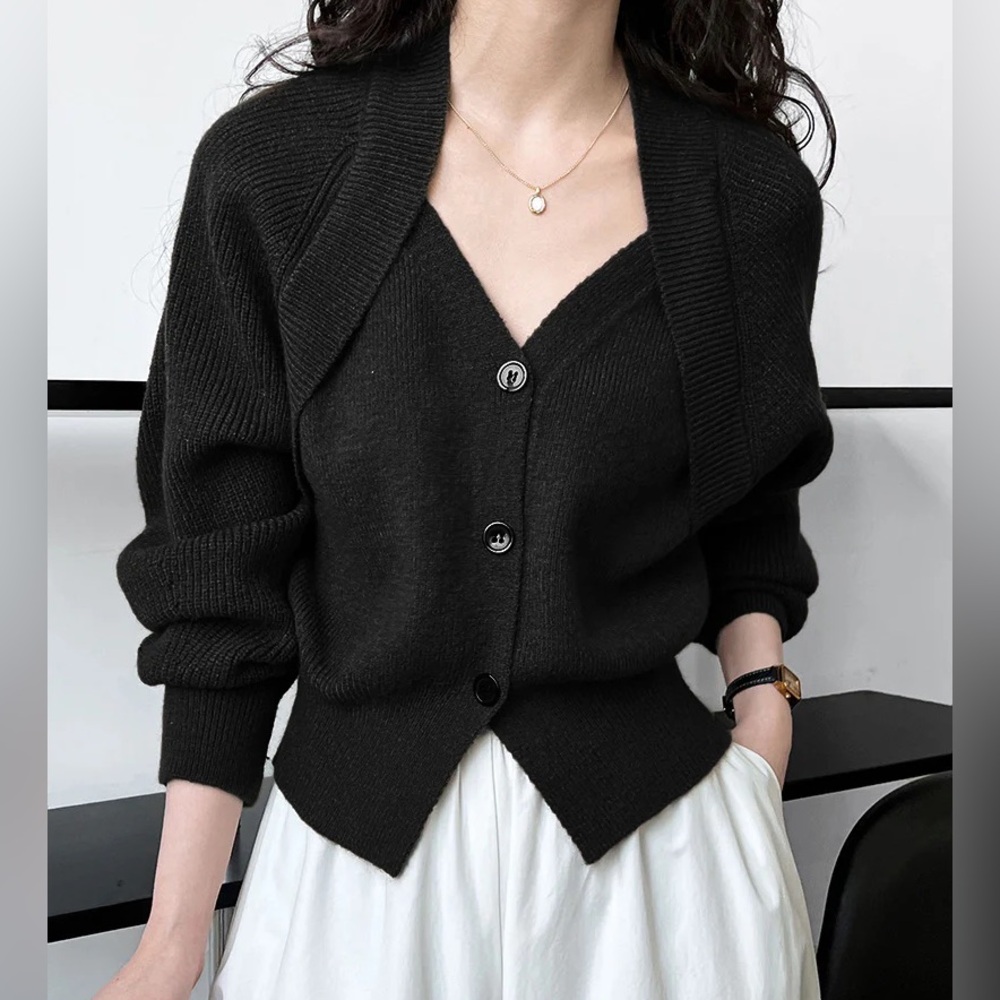 Commense V-neck Black Knit Button Up Sweater